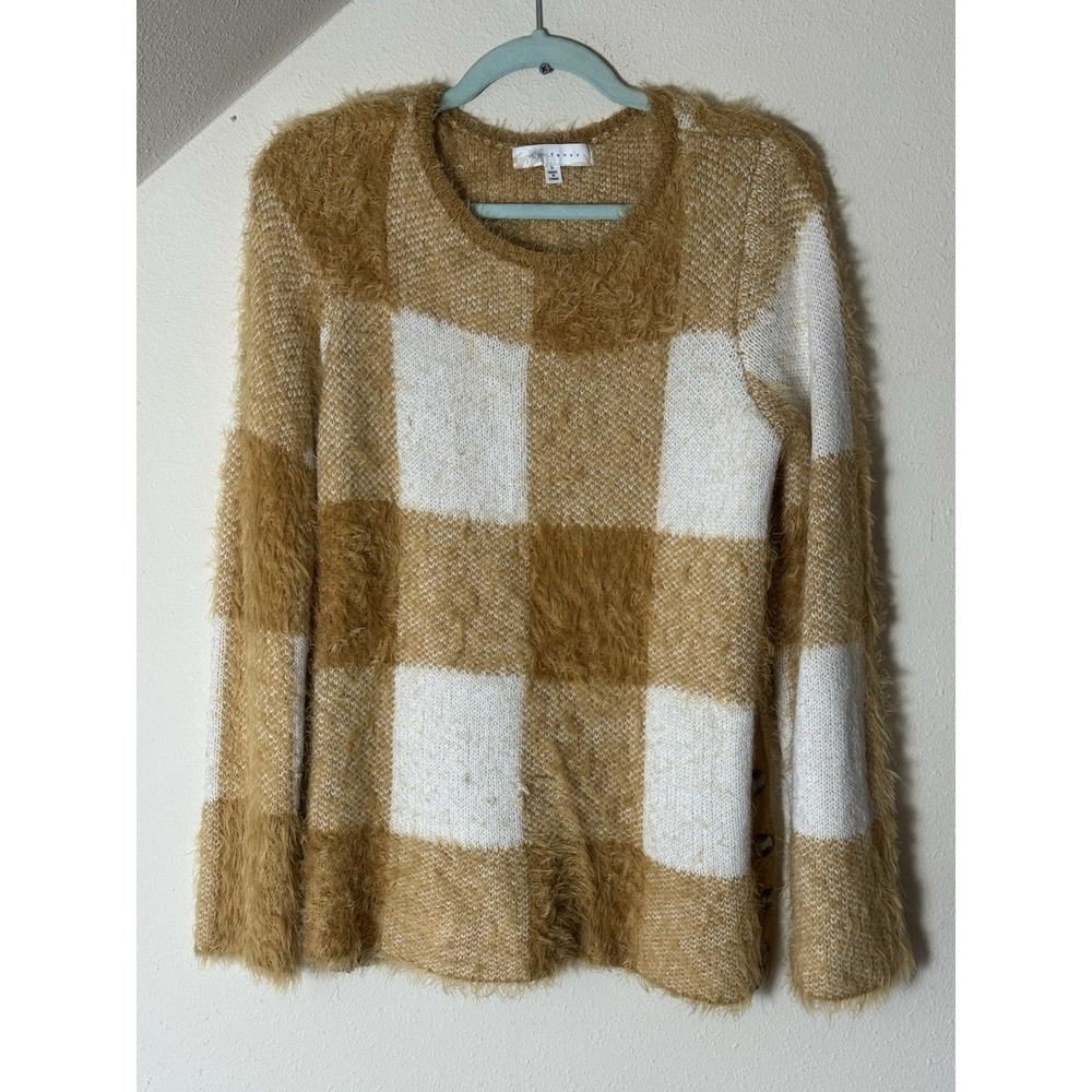 Fever Fuzzy Knit Cardigan Sweater Womens Large Tan White Checkered Button